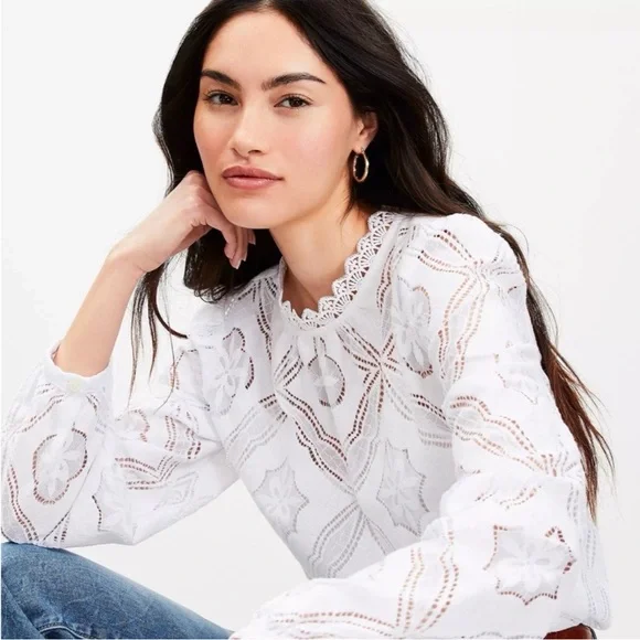 LOFT Mosaic Lace Blouse, Size M, White - Picture 1 of 8